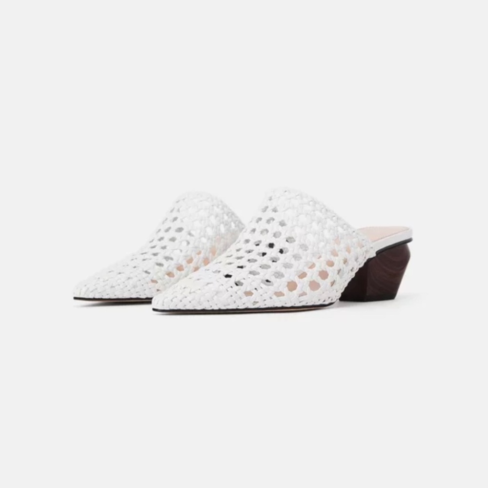 Zara Woven Cowboy Heeled Mules, White, Perforated